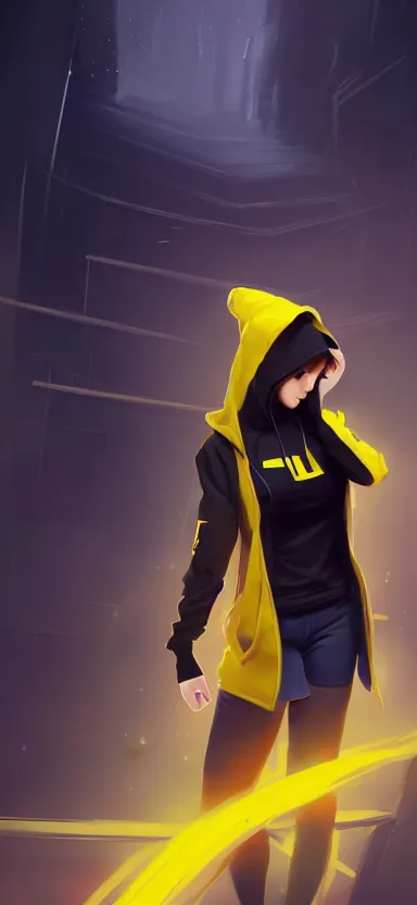 Prompt: a vtuber model concept art of a beautiful girl in a black and yellow hoodie, front view typing in an iphone, artstation, digital art, commission art, style by jordan grimmer and greg rutkowski, 4 k resolution