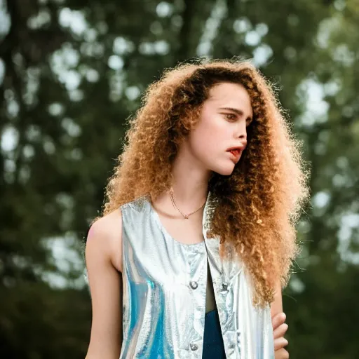 Image similar to selfie of a young woman, wearing a translucent and iridescent jacket over a tank top, curly long hair, caucasian, sigma 85mm f/1.4, 4k, depth of field, high resolution, 4k, 8k, hd, full color