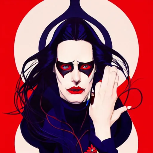 Image similar to Joshua Middleton comic art, wide shot, stunning elegant female Eva Green, kabuki mask, beautiful evil sneer, symmetrical face, symmetrical eyes, leather clothing and boots, long straight red hair, full body, Indigo occult pattern