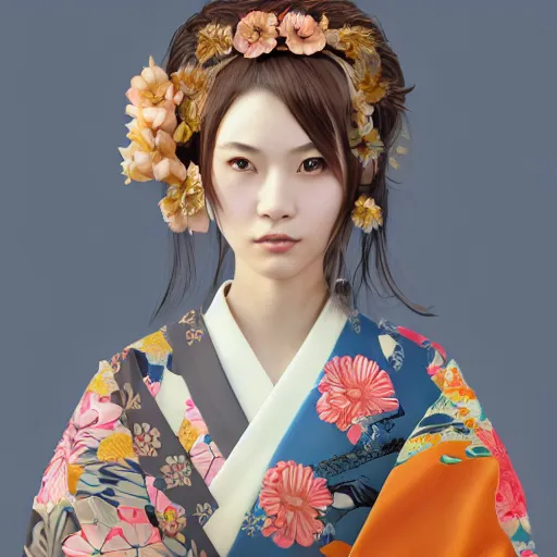 Prompt: centered portrait of a 3D beautiful Japanese girl in kimono, hyperdetailed, digital painting, trending on Artstation, cel-shading style, CG society, hyperdetailed, digital painting, hypermaximalist, golden ratio, volumetric, octane render, weta digital, micro details, 3d sculpture
