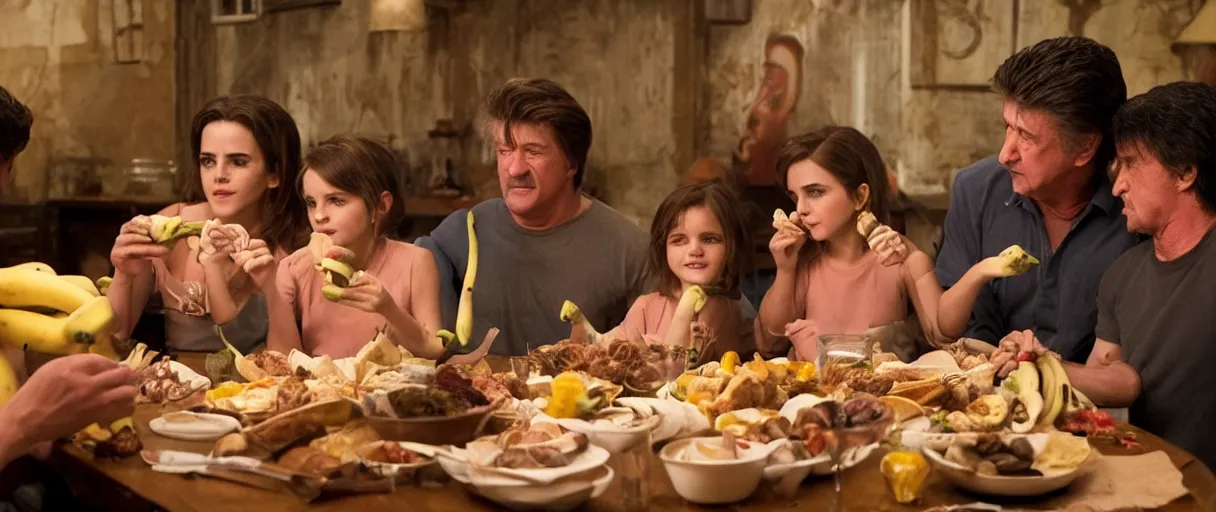 Image similar to photo of family dinner emma watson, david lynch, sylvester stallone, eating bananas, realistic, detailed, emma watson, artsation 4 k