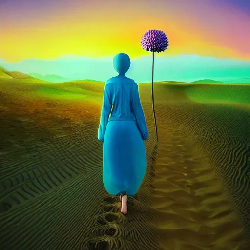 Prompt: closeup giant dahlia flower under head, a girl walking between dunes, surreal photography, sunrise, blue sky, dramatic light, impressionist painting, digital painting, artstation, simon stalenhag