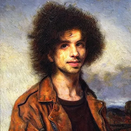 Prompt: beautiful impasto portrait of a pretty punk rock young man with long curly dark hair and a denim vest over a leather jacket playing guitar, as painted by winslow henry and rembrandt