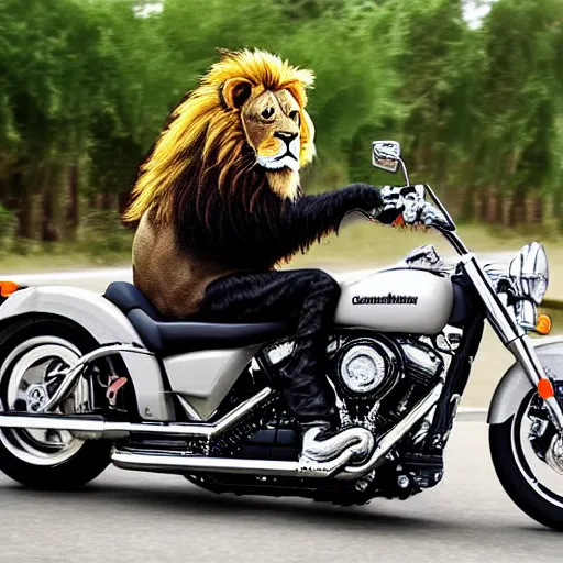 Image similar to a cool lion on a Harley Davidson on the road, cinematic
