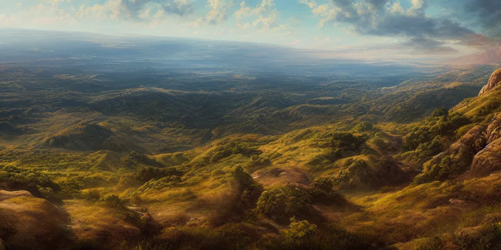 Image similar to a breathtaking landscape from a hilltop, cinematic lighting, detailed oil painting, hyperrealistic, 8k