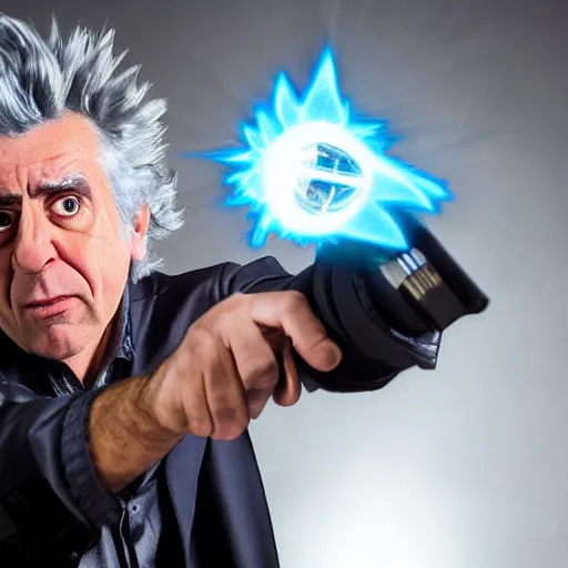 Image similar to Rick Sanchez as a real-life person, studio portrait, real-life-action movie star, holding a portal gun, opening a portal, Rick Sanchez