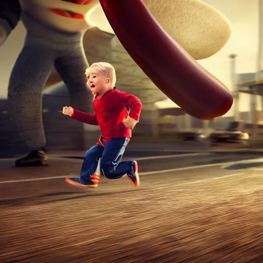 Image similar to trump chasing a child, octane render, highly detailed, hyper realistic.