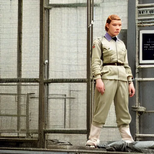 Prompt: A movie still of Lea Seydoux as a prison guard in a french prison in a Wes Anderson Movie, Wes Anderson directing