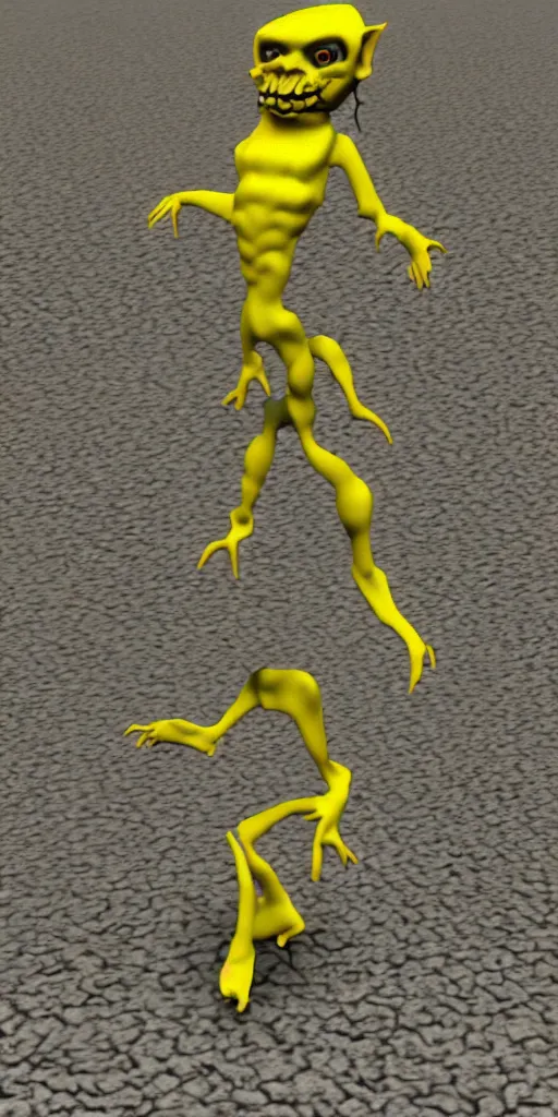 Image similar to 3d glitched malice yellow goblin doll in a street psx rendered early 90s net art n64