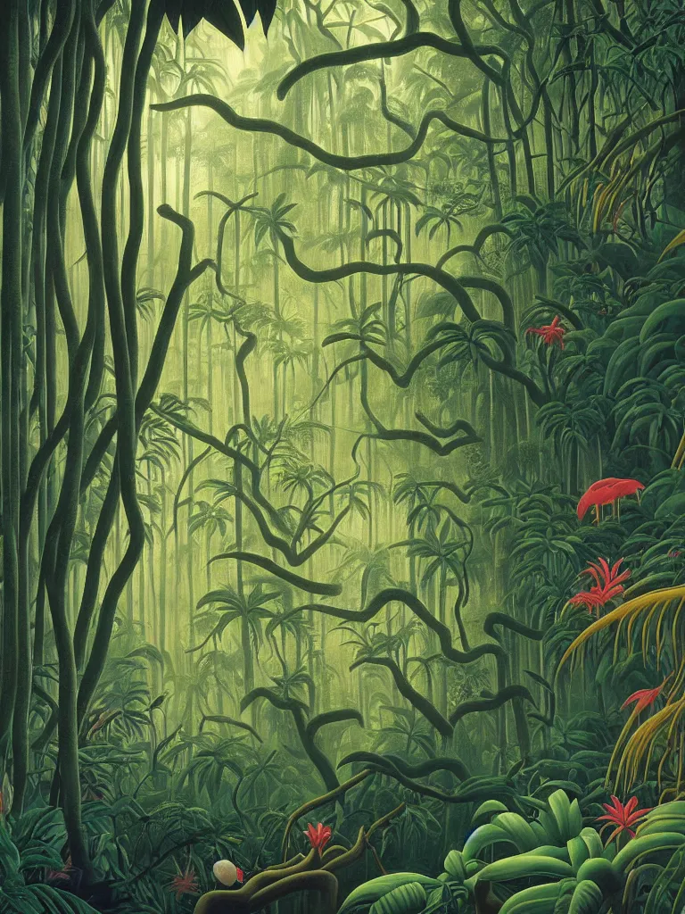 Prompt: A beautiful painting of a foreboding atmosphere inside the lush Malaysian jungle, dense exotic rainforest flora and fauna where time seems to stand still, creeping tree vines that looks like bloody entrails, tree roots like severed limbs by Martin Johnson Heade, Hiroshi Sugimoto, Henri Rousseau, medium close up shot, wide angle lens, photo realistic, anaglyph filter, cinematic mood lighting, National Geographic photograph, cinematography of Apocalypse Now (1977), trending on Art Station.