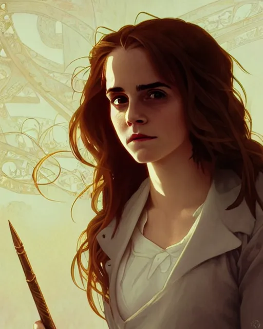 Image similar to Emma Watson as Hermione Granger, medium shot close up, details, sharp focus, illustration, by Jordan Grimmer and Alphonse Mucha and greg rutkowski and PiNe(パイネ) and 薯子Imoko and 香川悠作 and maya takamura, intricate, beautiful, Trending artstation, pixiv, digital Art