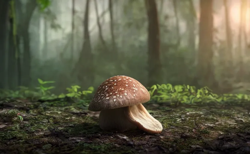 Prompt: a beautiful render of a mushroom growing on a skull in a rainforest, sunset lighting, intricate detail, hazy, humid, volumetric lighting, god rays, 8 k, photorealistic, raytracing effects, unreal engine 5