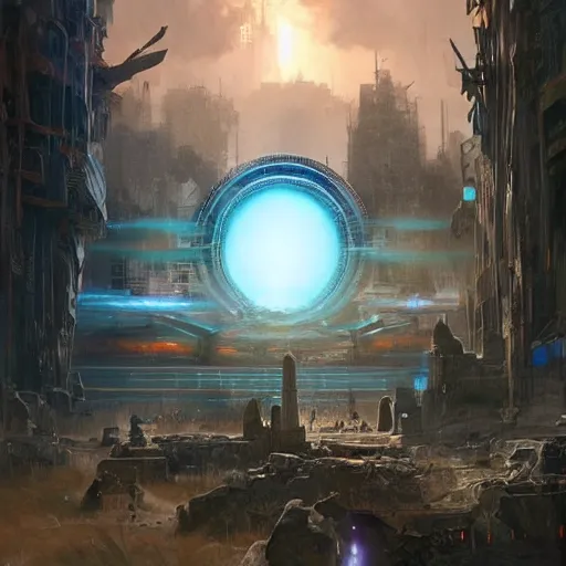 Image similar to mutazi portal. an element of the magic portal system connecting major cities. the portals were installed centuries ago, but still work fine. digital art, high details, illustration by ross tran, james gurney, by craig mullins, by greg rutkowski