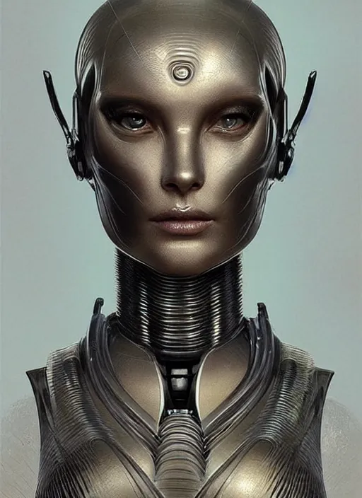 Image similar to artstation concept of a female robot as Dune concept art, metallic skin, sci-fi skin, symmetrical face, science robot , science background, sci-fi, hyperdetailed, artstation trending, world renowned artists, worth1000.com, historic artworks society, antique renewel, cgsociety, by greg rutkowski, by Gustave Dore, Deviantart