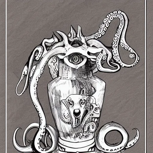 Prompt: octopus dog hybrid demon, ancient greece, vase illustration