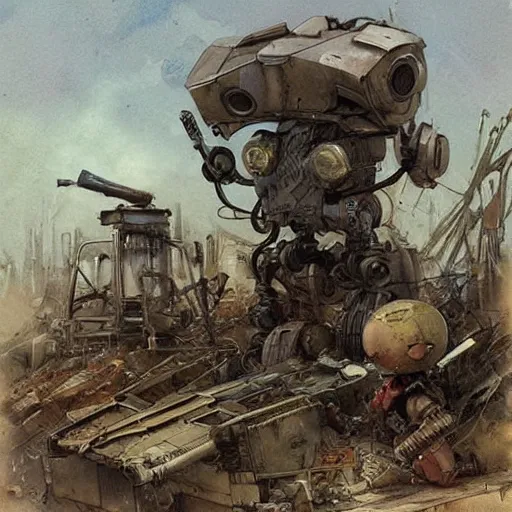 Image similar to cluttered science fiction robot wrecking yard. muted colors. by Jean-Baptiste Monge !!!!!!!!!!!!!!!!!