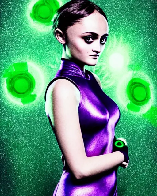 Prompt: photos of beautiful actress Ella Purnell dressed as the Green Lantern Soranik Natu, Photogenic, purple skin, short black pixie like hair, particle effects, photography, studio lighting, in the style of Annie Leibovitz