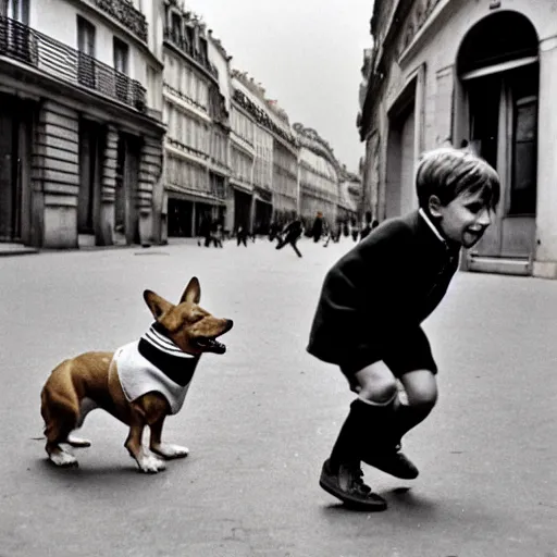 Image similar to a french boy on the streets of paris playing football against a corgi, the dog is wearing a polka dot scarf, book illustration, 1 9 6 6