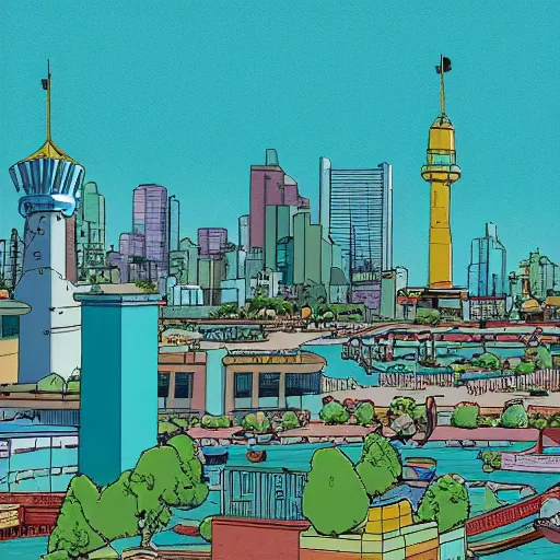 Image similar to towering deep turquoise tidal wave, the wave is crashing down into Springfield where the Simpsons live, on a sunny afternoon, realistic photo of the entire city, UE5