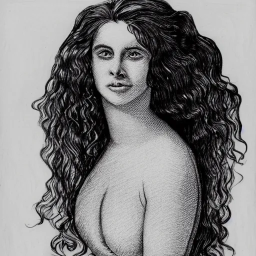 Image similar to a black and white drawing of a woman with long curly hair using a dress