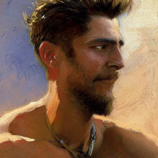 Image similar to a man with a faux hawk haircut, painting by Gaston Bussiere, Craig Mullins