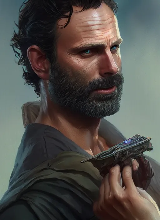 Image similar to rick grimes, d & d, fantasy, intricate, elegant, highly detailed, digital painting, artstation, concept art, matte, sharp focus, illustration, hearthstone, art by artgerm and greg rutkowski and alphonse mucha