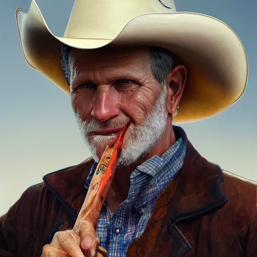 Image similar to portrait painting of woodrow harrelson, with a cowboy hat and bloody golf club, ultra realistic, concept art, intricate details, eerie, highly detailed, photorealistic, octane render, 8 k, unreal engine. art by artgerm and greg rutkowski and alphonse mucha