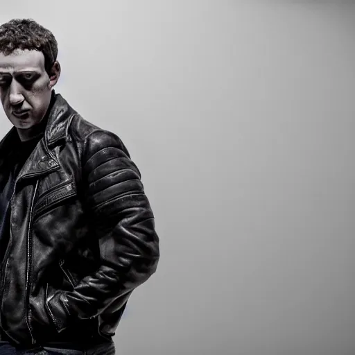 Image similar to angry zuckerberg with shotgun, extreme detail, studio light, photorealistic, gritty, movie still, cinematic, bruised face, soft focus, well edited, 8 k, atmospheric, dark, leather jacket