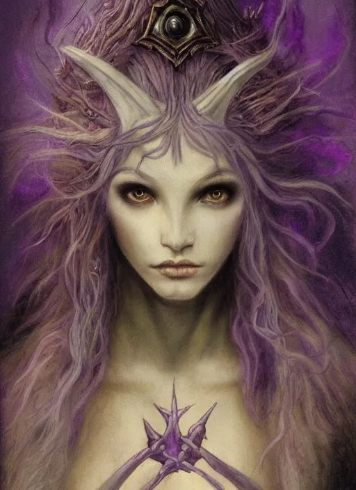 Image similar to portrait of young female sorceress of the endtimes, transluscent skin, lavender hair, beautiful! coherent! dungeons and dragons character, by brian froud, strong line, cool night color, high contrast