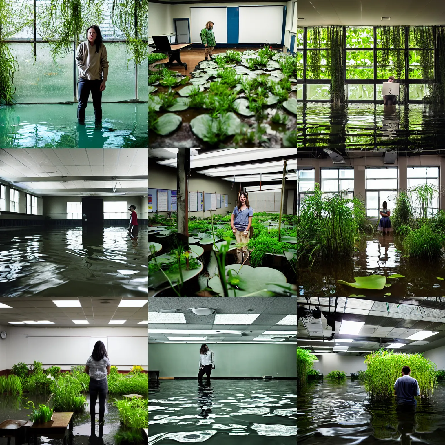 Prompt: student, alone, in an empty dark flooded classroom, overgrown with aquatic plants