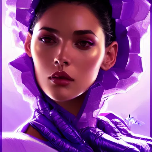 Image similar to Portrait of very very very very very very beautiful Latina woman, spacesuit, purple eyes, intricate, elegant, highly detailed, digital painting, artstation, concept art, smooth, sharp focus, illustration, art by artgerm and greg rutkowski and alphonse mucha