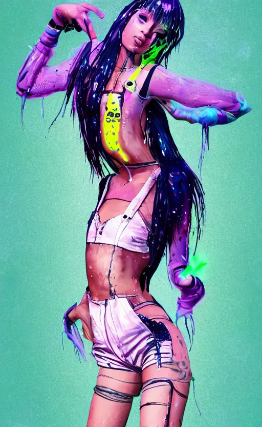 Prompt: Full body, attractive rave woman with neon hair, side buzz, soft eyes and narrow chin, fit dainty figure, long hair straight down, torn overalls, short shorts, fishnet stockings, combat boots, basic white background, side boob, in the rain, wet shirt, luscious, style by Jordan Grimmer and greg rutkowski, crisp lines and color,