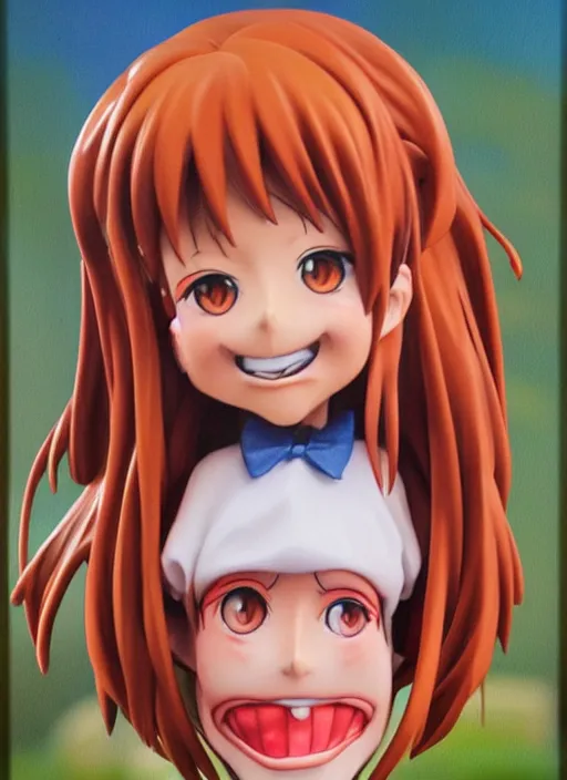 Image similar to a lifelike oil panting of an anime girl figurine caricature with a big dumb grin featured on Nickelodeon by Basil Gogos