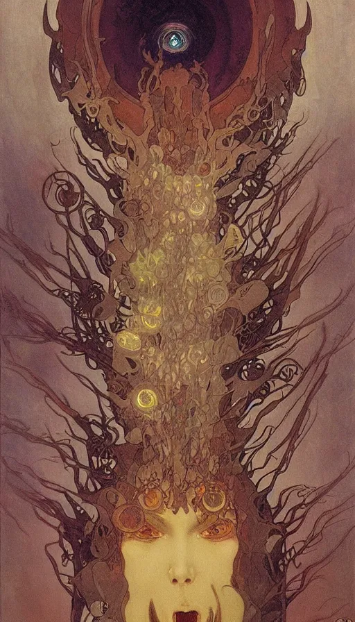 Prompt: a storm vortex made of many demonic eyes and teeth, by alfons maria mucha