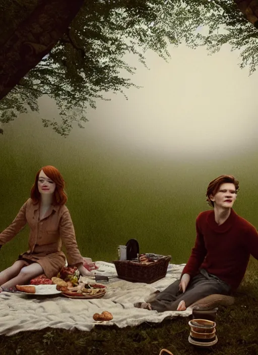 Image similar to portrait bust of emma stone having a picnic with tom holland, solemn expression, faded color film, russian cinema, tarkovsky, kodachrome, old cabin, next to window, heavy forest outside, long brown hair, old clothing, heavy fog, hudson river school, 4 k, dramatic lighting, greg rutkowski