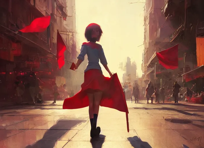 Image similar to glowing girl walking through daylight city carrying a red propaganda flag , DSLR 85mm, by Craig Mullins, ilya kuvshinov, krenz cushart, artgerm, Unreal Engine 5, Lumen, Nanite