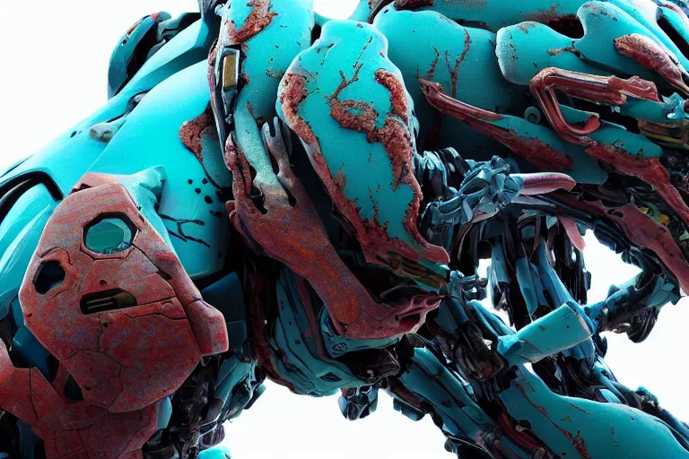 Prompt: portrait of a posed hyper detailed cyan bristleback evangelion realistic mechanical and fleshy organic creature similar look as horizon forbidden west horizon zero dawn, bioluminiscence in a dark deep forest at dawn in spring, with reflection and textures, by kilian eng, substance painter reaslitic mech surface metal painted scratches, horizon forbidden west world