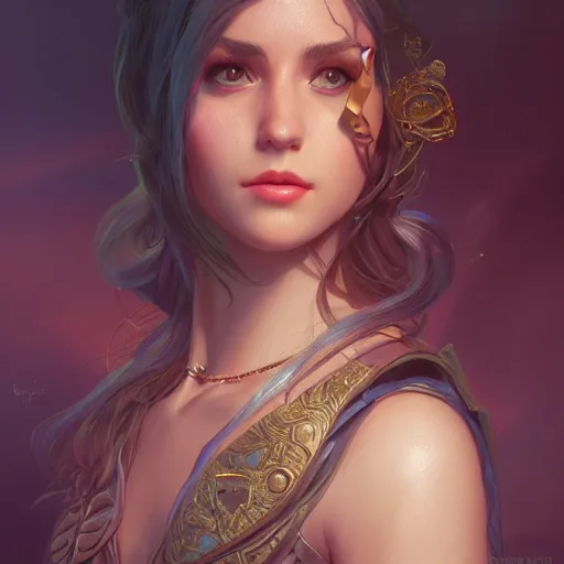 Image similar to close up portrait of a retrowave young woman, D&D, fantasy, intricate, elegant, highly detailed, digital painting, artstation, concept art, matte, sharp focus, illustration, hearthstone, art by Artgerm and Greg Rutkowski and Alphonse Mucha