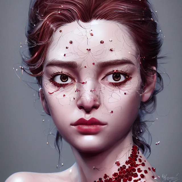 Prompt: studio portrait of absurdly beautiful, elegant, young woman made of rubies, ultrafine hyperrealistic detailed face illustration by kim jung gi, irakli nadar, intricate linework, sharp focus, bright colors, matte, octopath traveler, final fantasy, unreal engine highly rendered, global illumination, radiant light, intricate environment