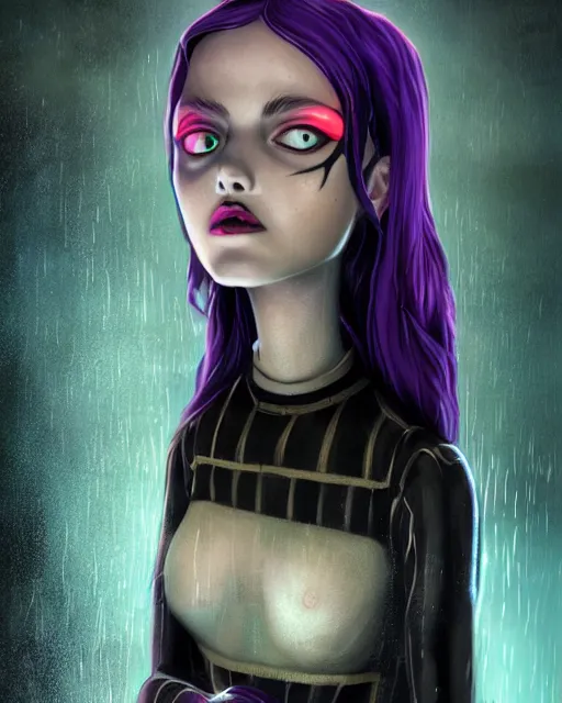 Image similar to An epic fantasy comic book style portrait painting of a very beautiful imposing Industrial goth Wednesday Addams in the rain, wet hair, neon reflections, character design by Mark Ryden and Pixar and Hayao Miyazaki, unreal 5, DAZ, hyperrealistic, octane render, cosplay, RPG portrait, dynamic lighting, intricate detail, cinematic