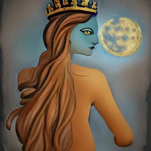 Image similar to Artemixel, the modern reincarnation of the old selenium god of hunt and moon, also known as Artemis the Selene, carrying the Crown of the Crescent Moon, wich has a bright and slightly bluish crescent like the brightness of the night. Portrait by Nicola Samuri