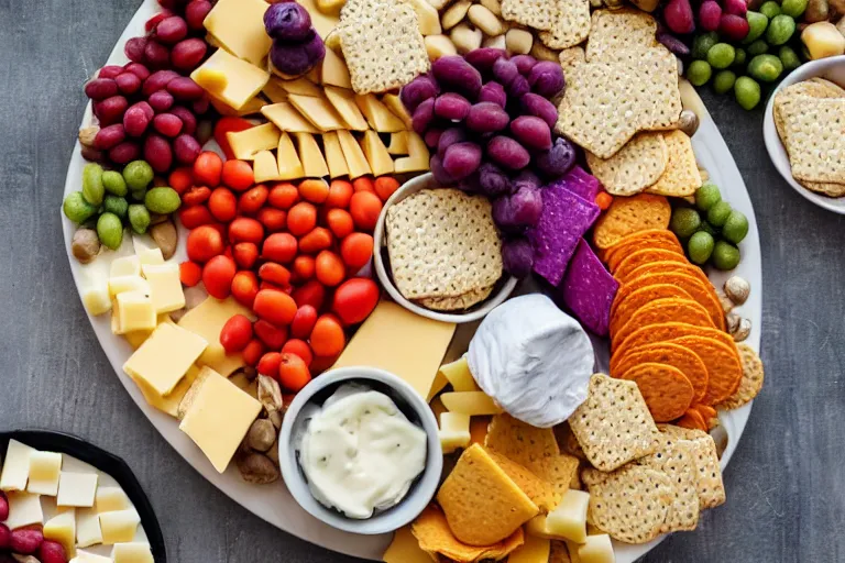 Prompt: A colorful cheese platter with crackers