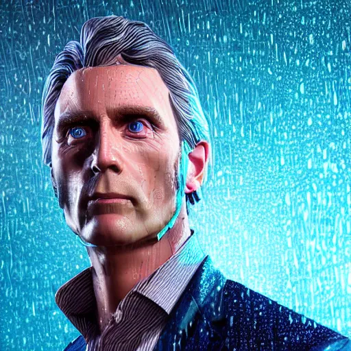 Image similar to john glover as lionel luthor in smallville, portrait made out of rain, realistic, highly detailed, neon, rendered in octane, unreal engine, beautiful, trending on artstation, emotional