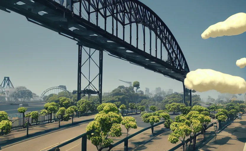 Image similar to explosions in the form of realistic cotton plants hit big harbour bridge, smooth, sharp focus, 3 d octane render, epic lighting, 8 k, by goro fujita