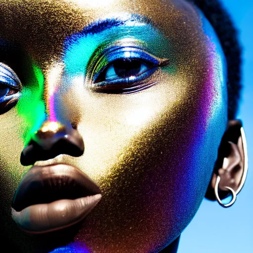 Image similar to portrait of iridescent metallic face, african woman, mirror reflections, proud looking, outdoor, nature, blue sky, 8 k, realistic, depth of field, highly detailed, art photography