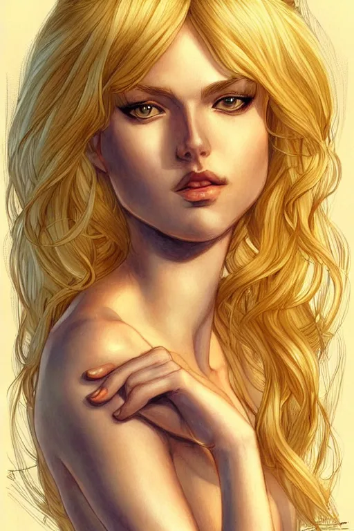 Prompt: a beautiful blond goddess girl, fantasy, portrait, sharp focus, intricate, elegant, digital painting, artstation, matte, highly detailed, concept art, illustration, ambient lighting, art by milo manara