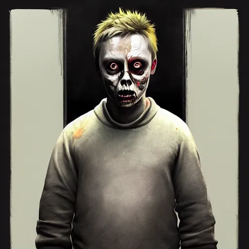 Image similar to young adult bernard sumner of new order as a zombie looking sad, 7 days to die zombie, gritty background, fine art, award winning, intricate, elegant, sharp focus, cinematic lighting, digital painting, 8 k concept art, art by michael hussar, art by brom, art by guweiz and z. w. gu, 8 k