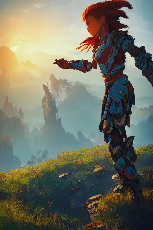 Image similar to combination suit armor aloy horizon forbidden west horizon zero dawn radiating a glowing aura global illumination ray tracing hdr fanart arstation by ian pesty and alena aenami artworks in 4 k tribal robot ninja mask helmet backpack