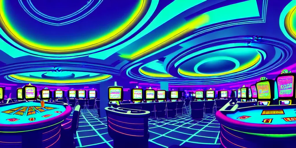 Image similar to extreme wide angle curved perspective digital art of sss indoor casino with a stage pale colors by anton fadeev from nightmare before christmas