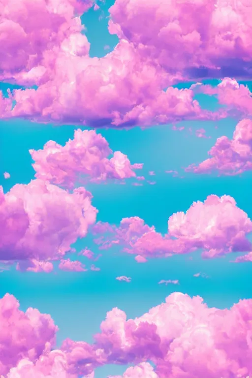 Image similar to seamless pattern of fluffy pink clouds in beautiful sky, colourful, symmetrical, repeating 35mm photography, ultra fine detail, 4k high definition, bold